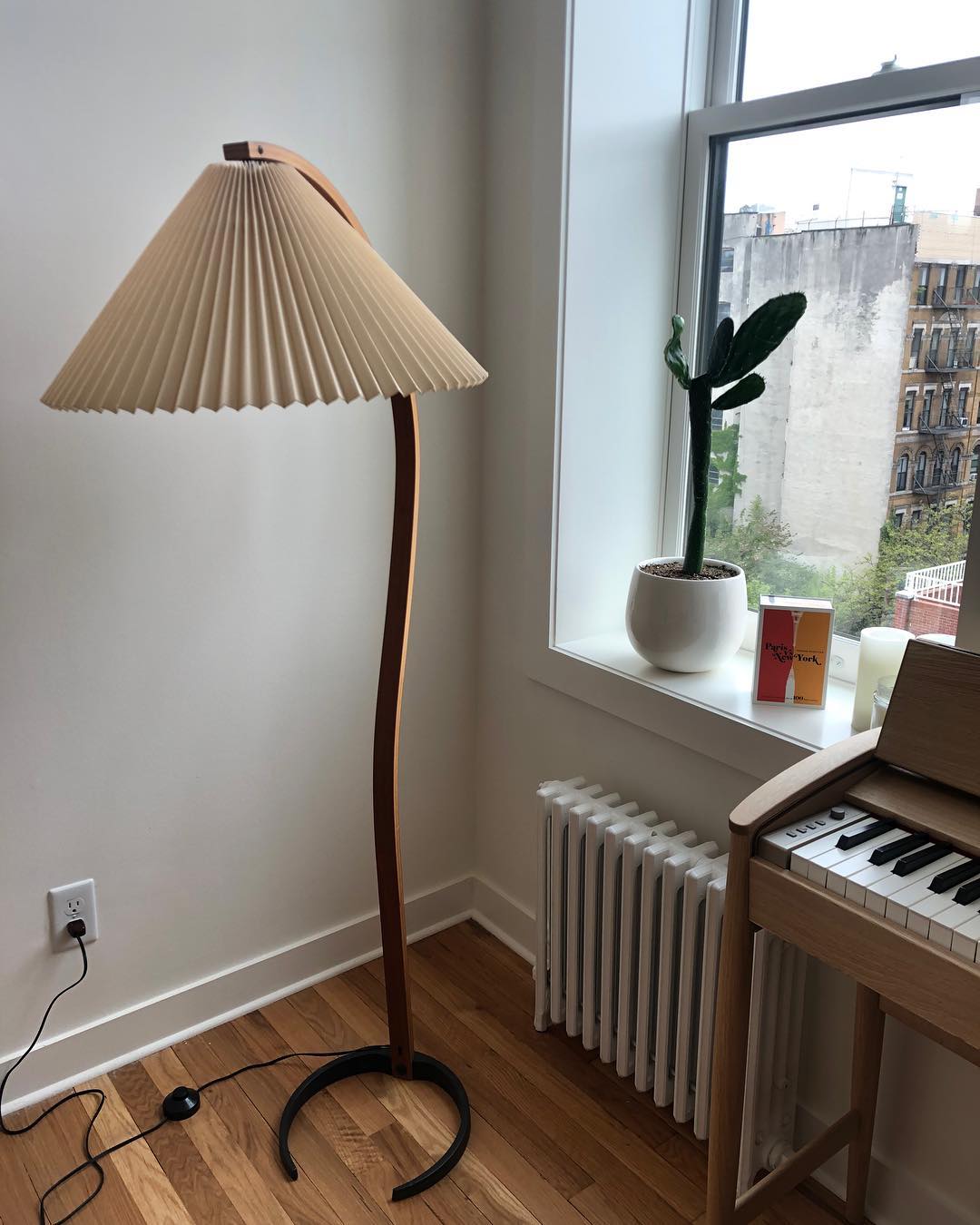 Bogen Stehlampe Buchenholz Leinen Schirm Retro Wohnzimmer | Sansoti