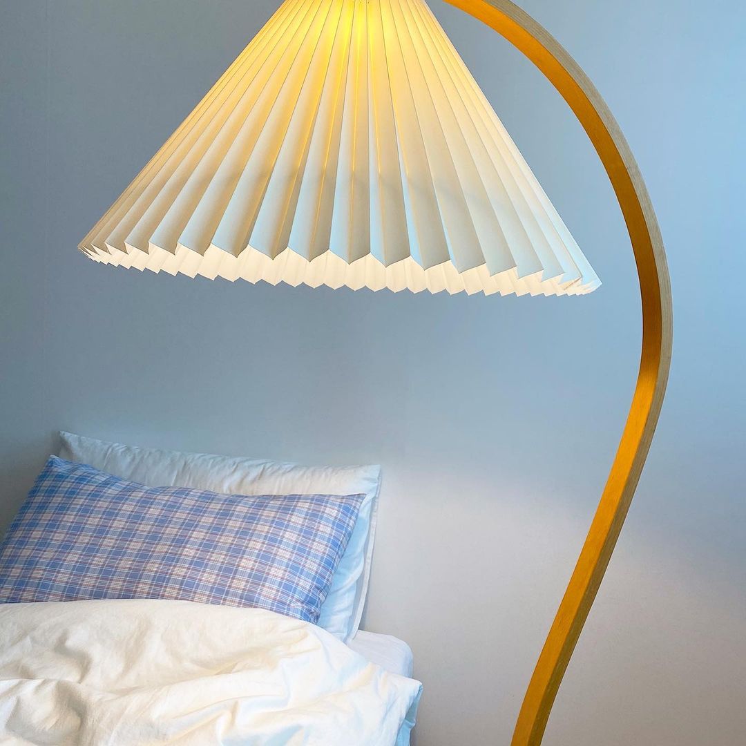 Bogen Stehlampe Buchenholz Leinen Schirm Retro Wohnzimmer | Sansoti