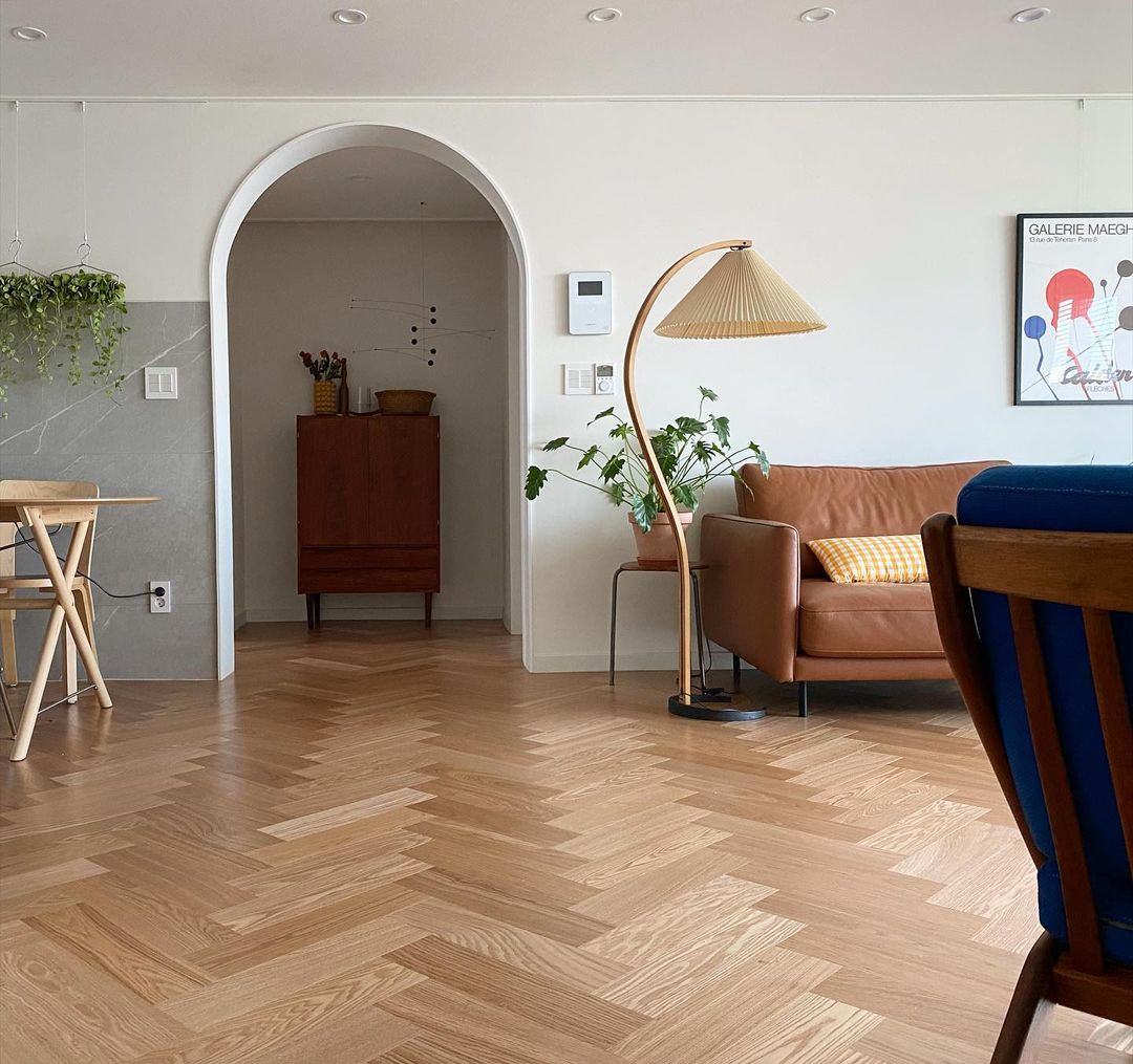 Bogen Stehlampe Buchenholz Leinen Schirm Retro Wohnzimmer | Sansoti