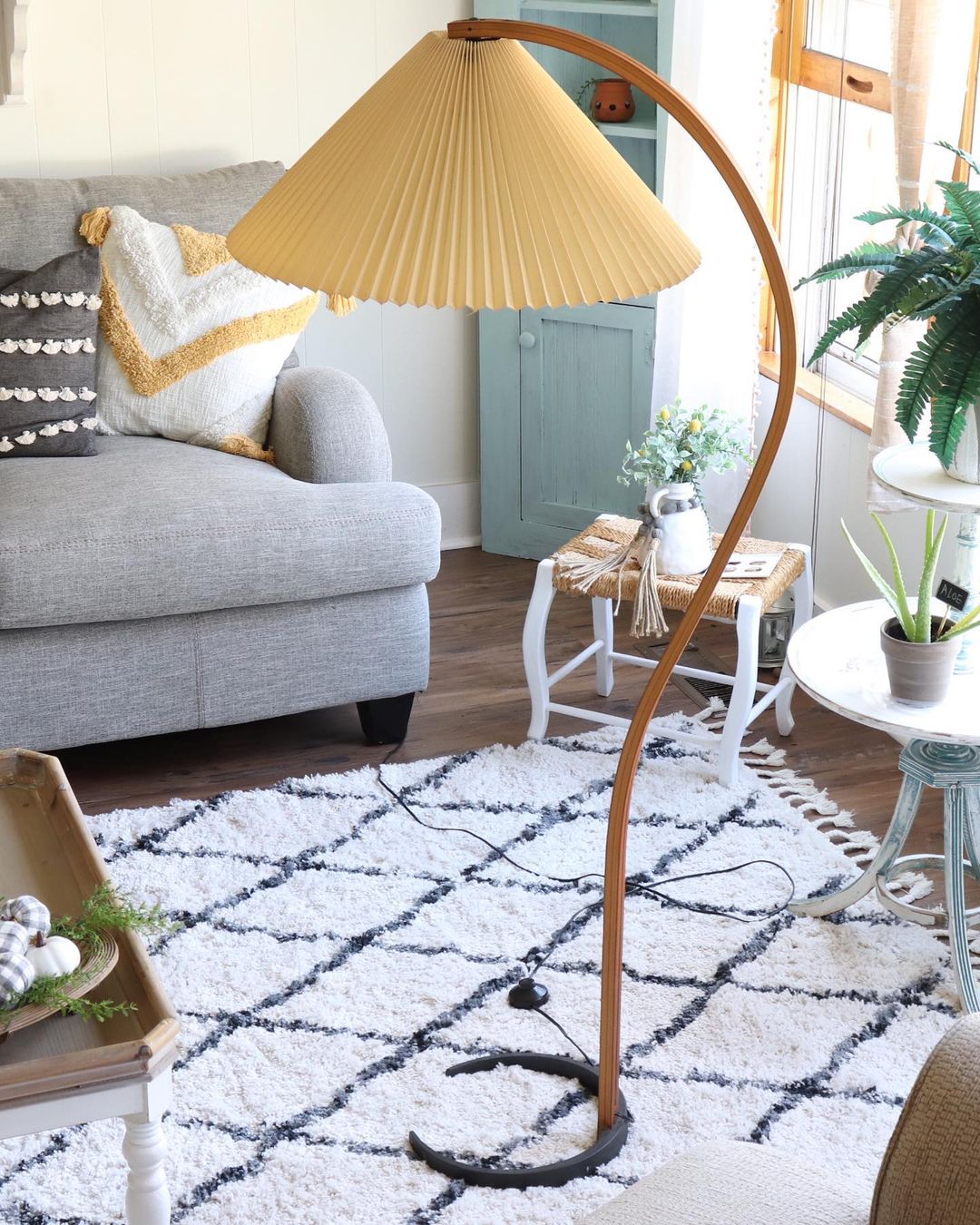 Bogen Stehlampe Buchenholz Leinen Schirm Retro Wohnzimmer | Sansoti