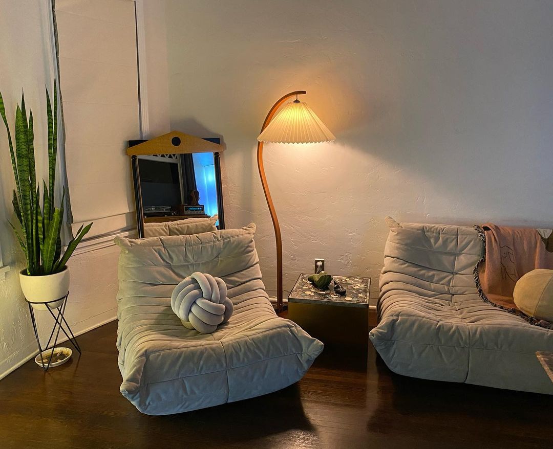 Bogen Stehlampe Buchenholz Leinen Schirm Retro Wohnzimmer | Sansoti