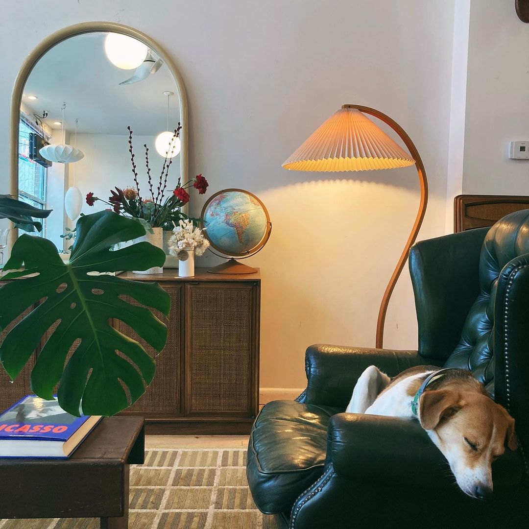Bogen Stehlampe Buchenholz Leinen Schirm Retro Wohnzimmer | Sansoti