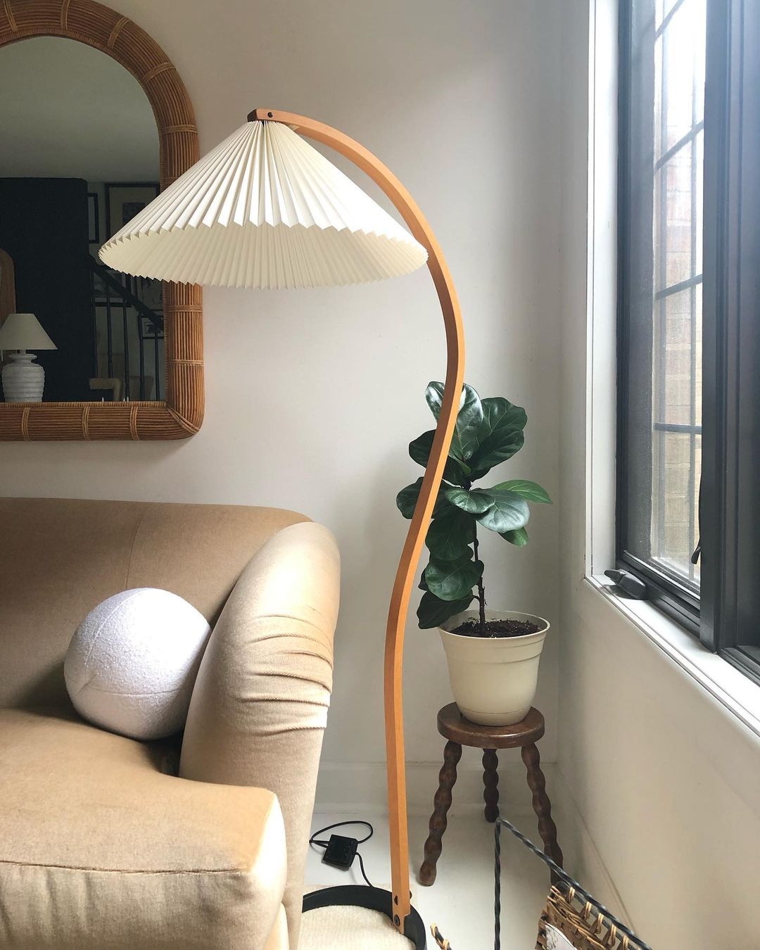 Bogen Stehlampe Buchenholz Leinen Schirm Retro Wohnzimmer | Sansoti