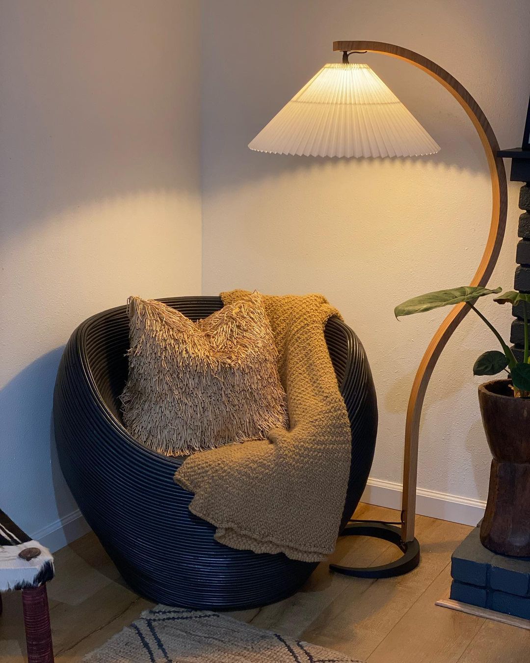 Bogen Stehlampe Buchenholz Leinen Schirm Retro Wohnzimmer | Sansoti