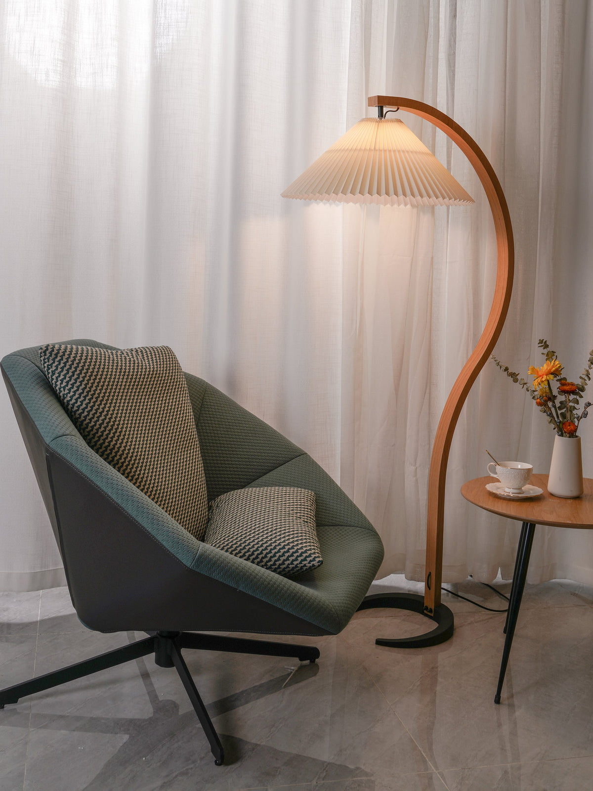 Bogen Stehlampe Buchenholz Leinen Schirm Retro Wohnzimmer | Sansoti