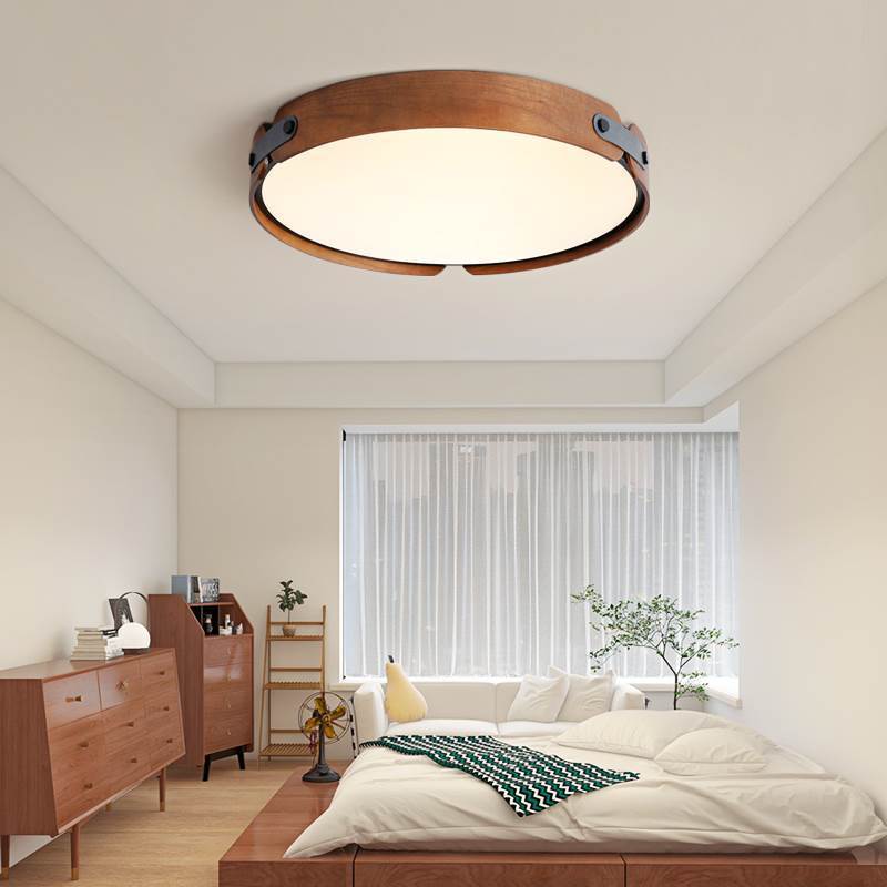 Runde Deckenleuchte aus Holz und Leder, dimmbare LED-Beleuchtung mit Fernbedienung, drei Farben, modernes Design | Sansoti