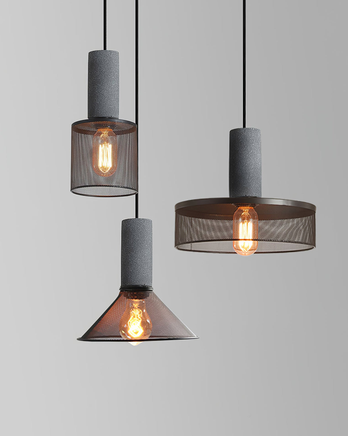 Industriële Hanglamp met Cement & Zwart Mesh — 6 Vormen | Sansoti
