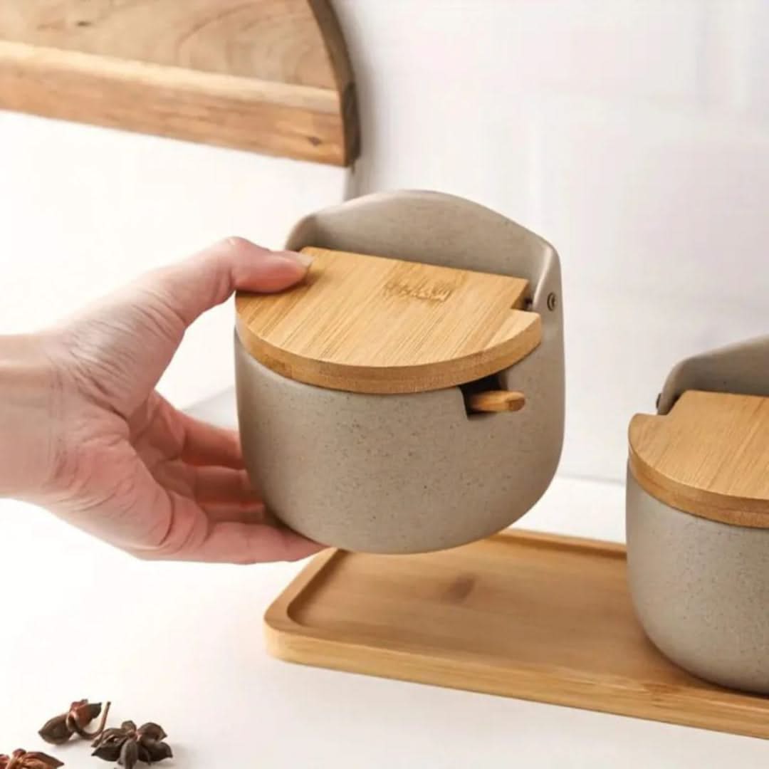 Set aus Keramik-Gewürzgläsern mit Bambusdeckel und Löffeln für Salz, Zucker und Gewürze, Küchenaufbewahrung, Vorratsgläser | Sansoti