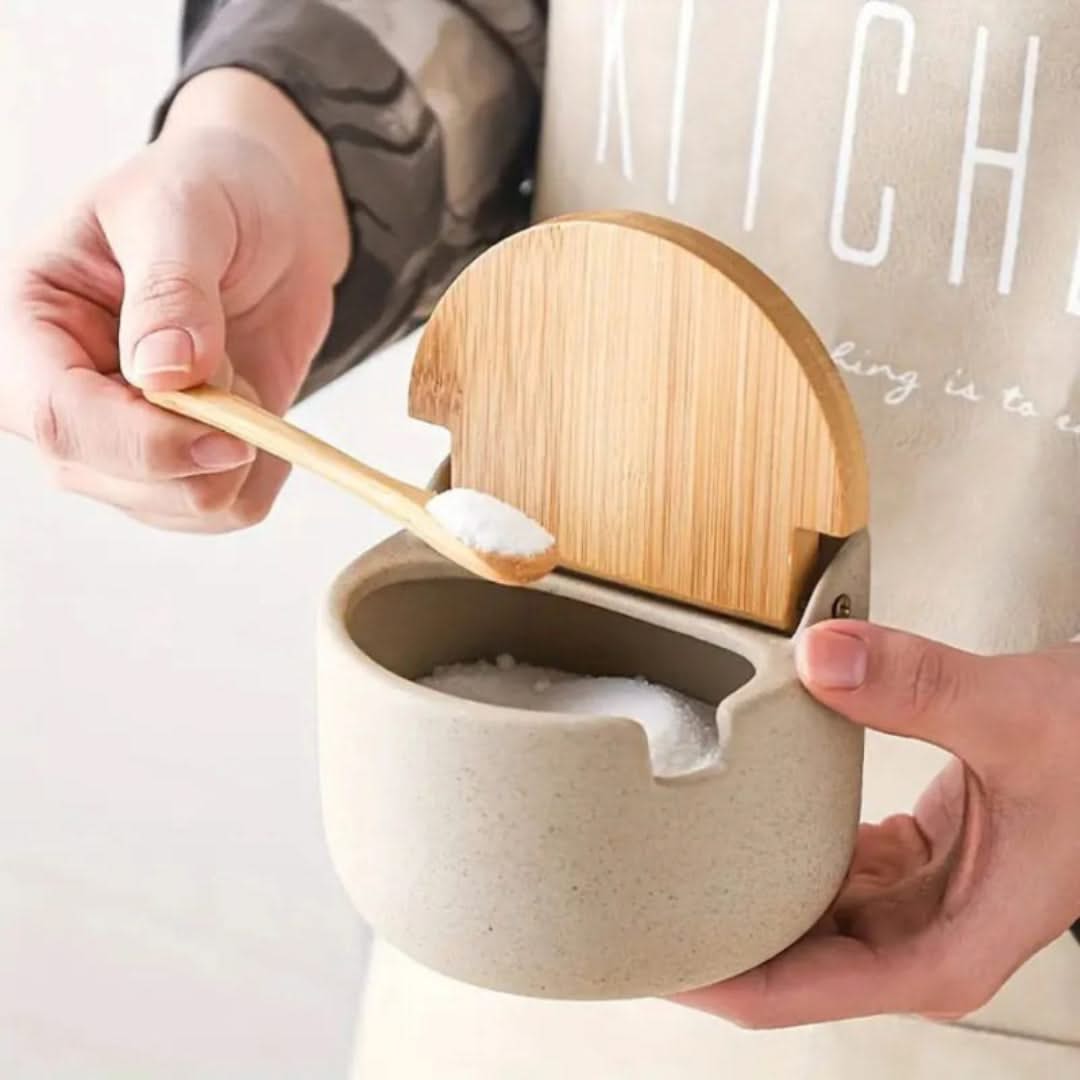 Set aus Keramik-Gewürzgläsern mit Bambusdeckel und Löffeln für Salz, Zucker und Gewürze, Küchenaufbewahrung, Vorratsgläser | Sansoti