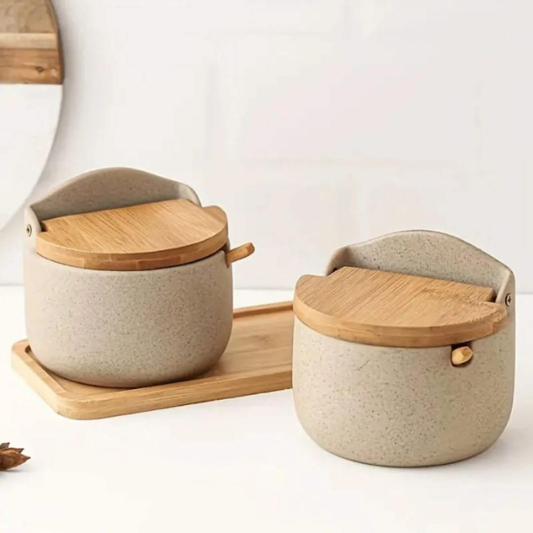 Set aus Keramik-Gewürzgläsern mit Bambusdeckel und Löffeln für Salz, Zucker und Gewürze, Küchenaufbewahrung, Vorratsgläser | Sansoti