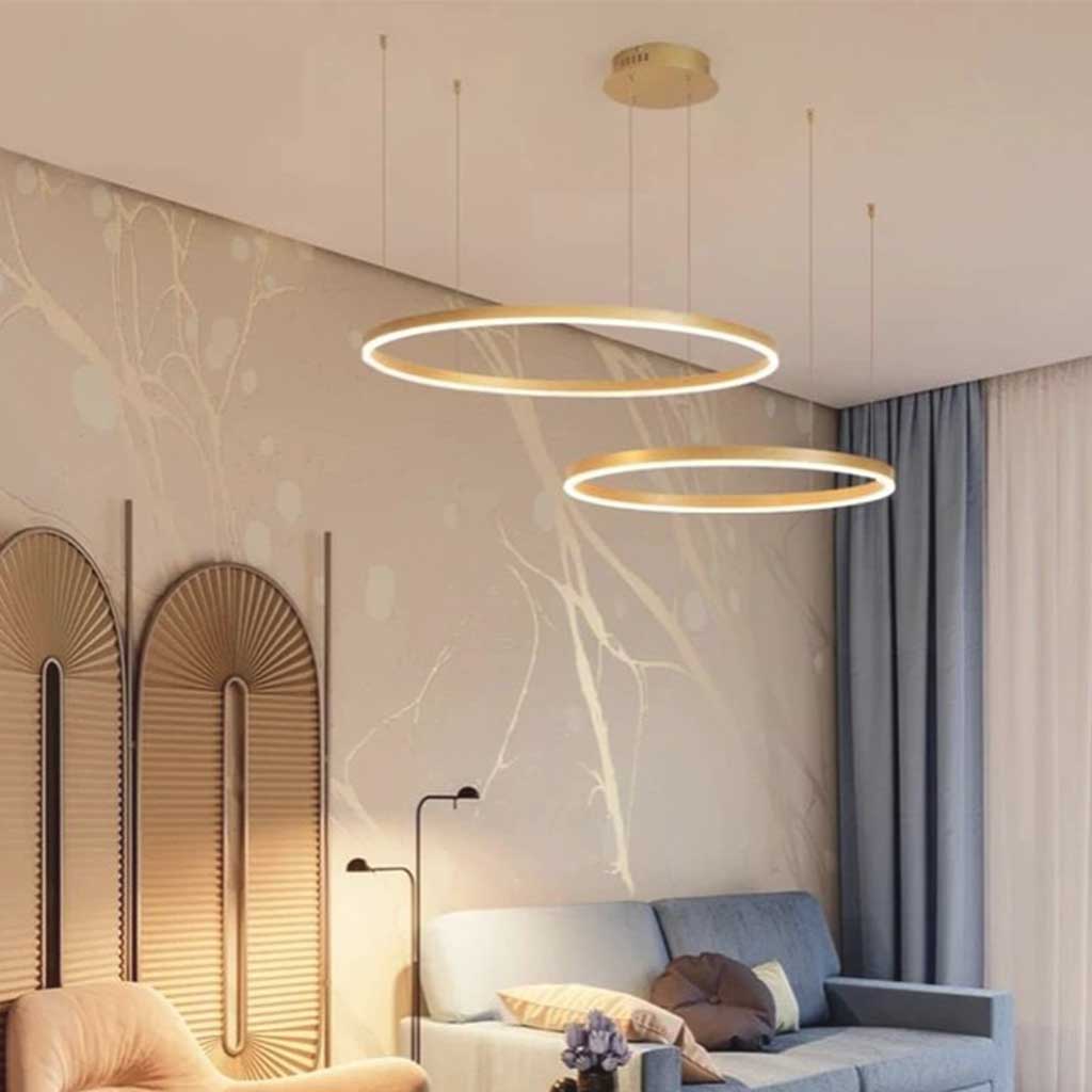 Dimmable Aluminum Chandelier with Rings, Black and Gold, Adjustable LED Light, Modern Pendant Light, Living Room | Sansoti