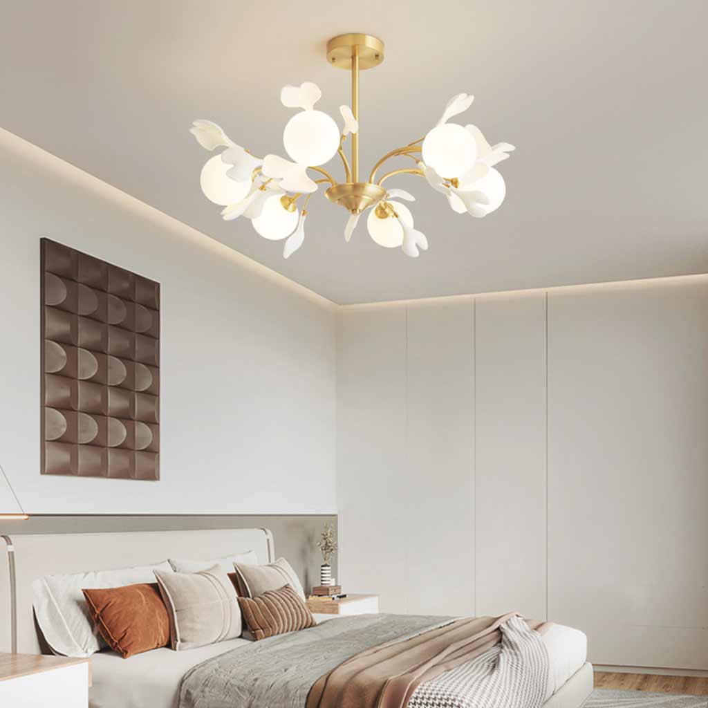 Chandelier with Glass Globes, Ceramic Ginkgo Leaves, Brass Frame, and Warm Light for Living or Dining Room | Sansoti