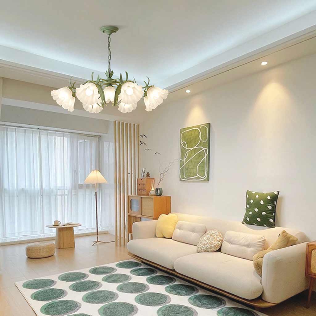 Kronleuchter aus Metall und Glas mit Maiglöckchenblüten, Grün und Weiß, Hängelampe, Esszimmer, Wohnzimmer, romantische Stimmungsbeleuchtung | Sansoti