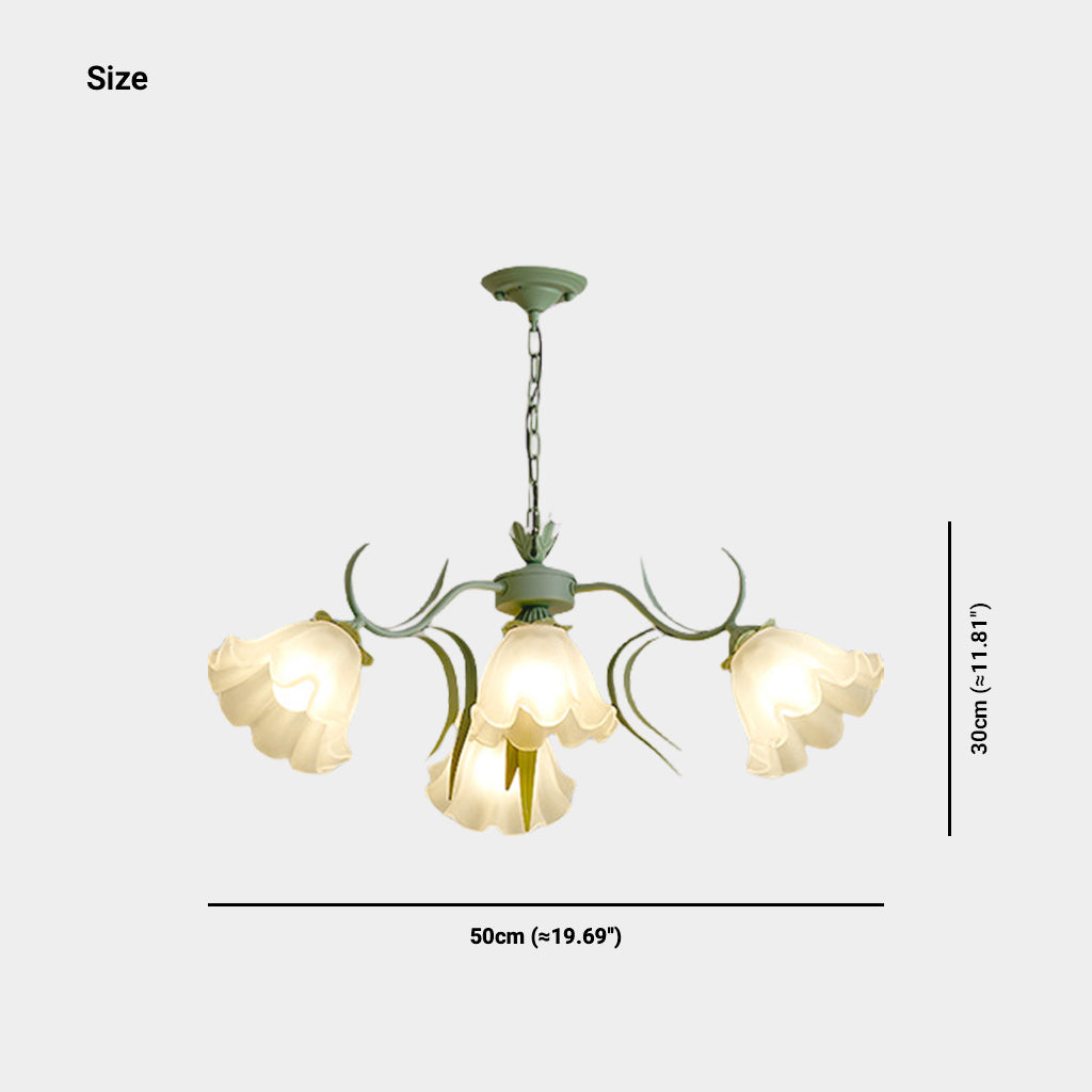 Kronleuchter aus Metall und Glas mit Maiglöckchenblüten, Grün und Weiß, Hängelampe, Esszimmer, Wohnzimmer, romantische Stimmungsbeleuchtung | Sansoti
