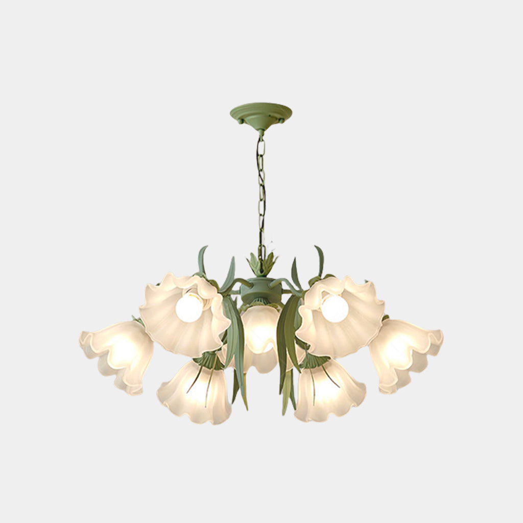 Kronleuchter aus Metall und Glas mit Maiglöckchenblüten, Grün und Weiß, Hängelampe, Esszimmer, Wohnzimmer, romantische Stimmungsbeleuchtung | Sansoti