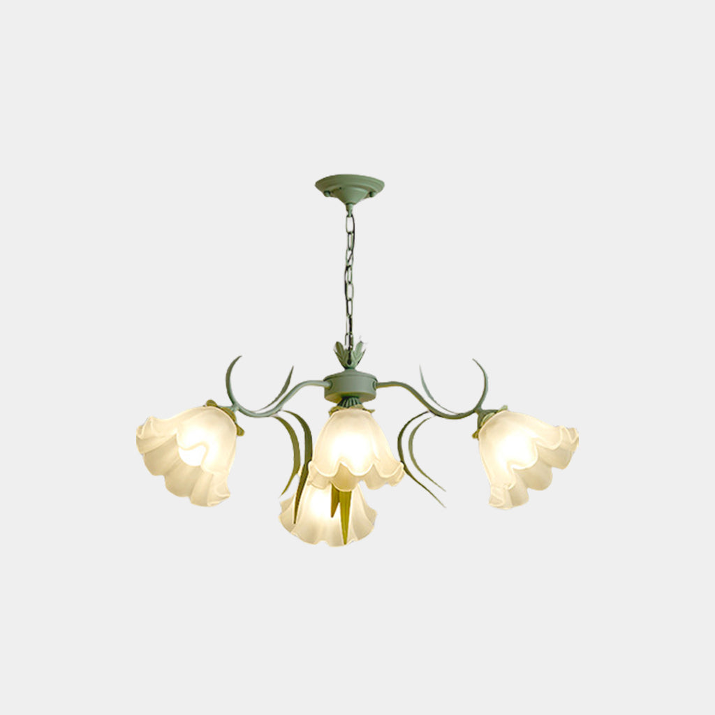 Chandelier, Metal and Glass Lily of the Valley Flowers, Green and White, Pendant Light, Dining Room, Living Room, Romantic Ambient Lighting | Sansoti