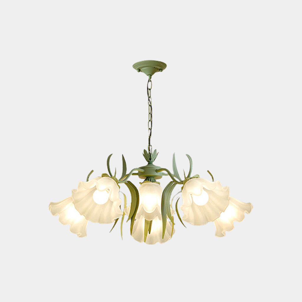 Kronleuchter aus Metall und Glas mit Maiglöckchenblüten, Grün und Weiß, Hängelampe, Esszimmer, Wohnzimmer, romantische Stimmungsbeleuchtung | Sansoti