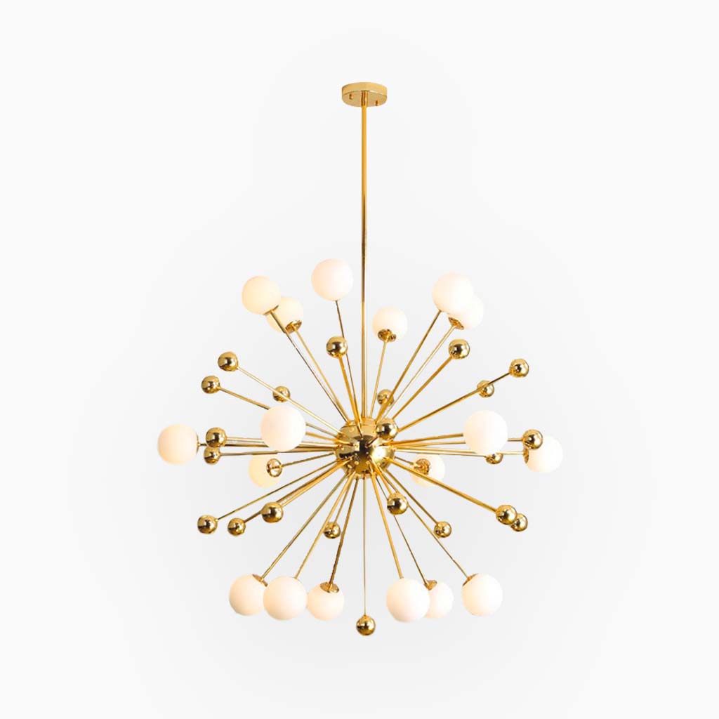 Glazen Hanglamp Goudkleur met Melkwit Glas Moderne Sputnik Design 11-18 Lichtpunten Verstelbaar Woonkamer | Sansoti