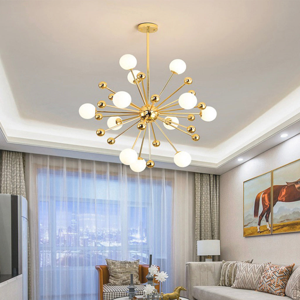 Gold-Colored Glass Pendant Light with Milky White Glass, Modern Sputnik Design, 11–18 Lights, Adjustable, Living Room | Sansoti