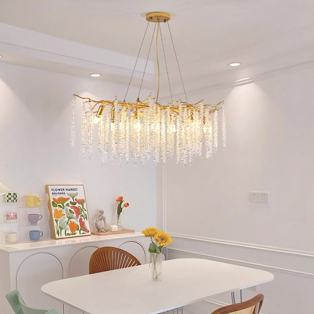 Kristallkronleuchter mit Weidenzweig-Design, Deckenlampe aus goldfarbenem Aluminium, LED, einstellbare Lichtfarbe, Esszimmer | Sansoti