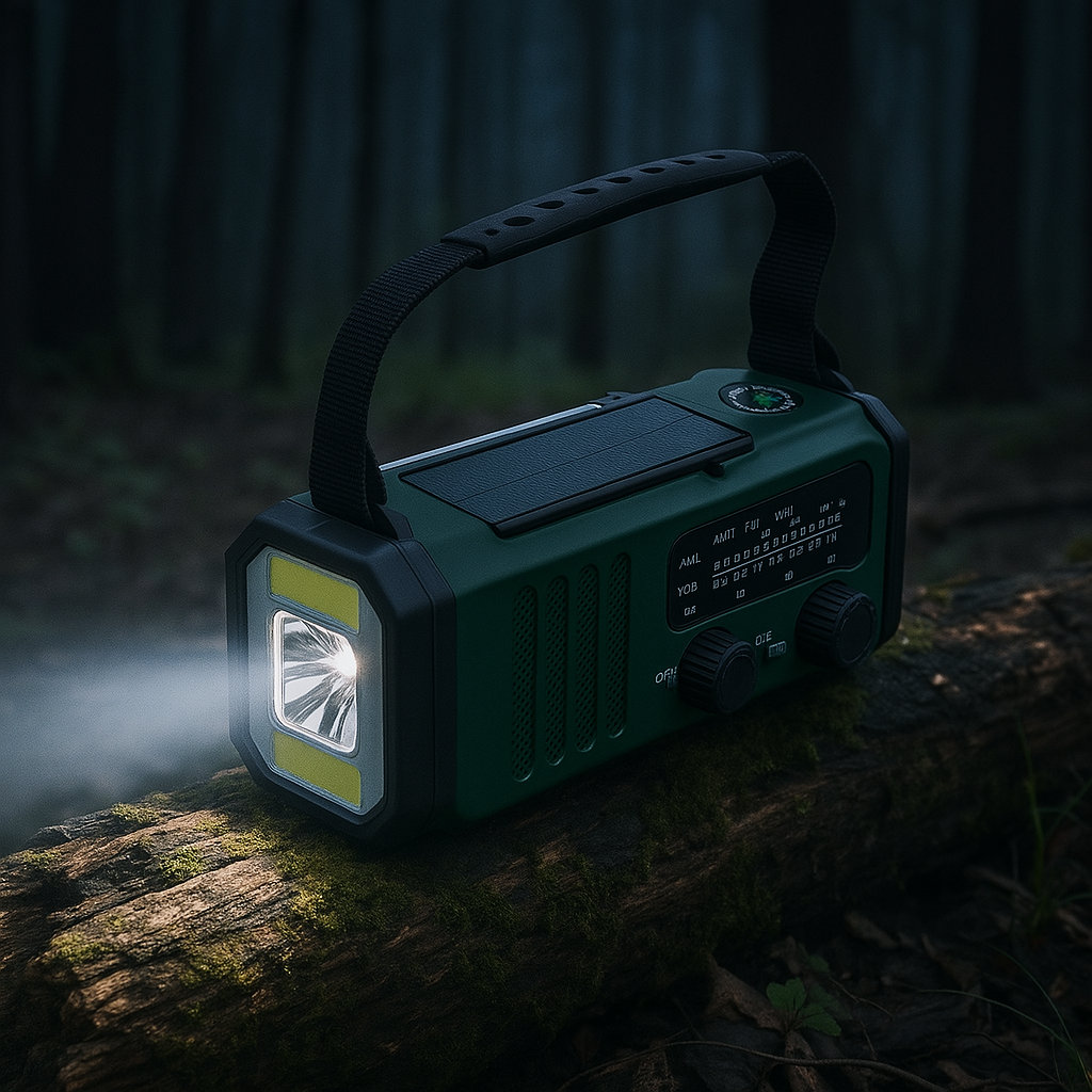 Radio awaryjne z panelem słonecznym i korbką – powerbank i latarka LED do użytku na zewnątrz, na kempingu i w sytuacjach awaryjnych | Sansoti