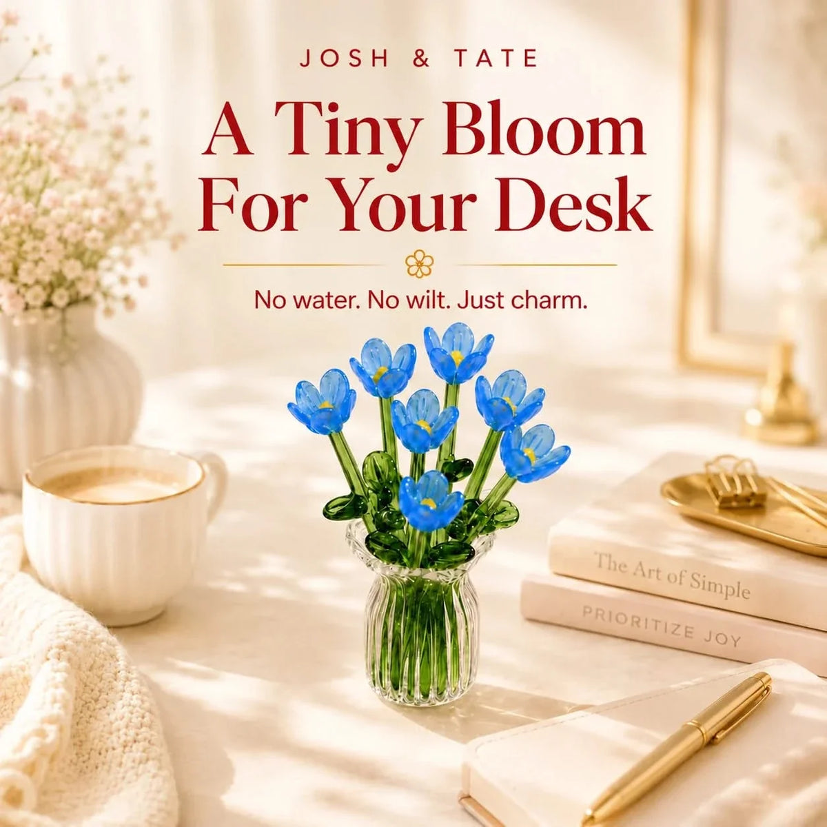Glass Flower Bouquet with Miniature Vase 7-Piece Handmade Decorative Art Glass Living Room Table Room Decor | Sansoti