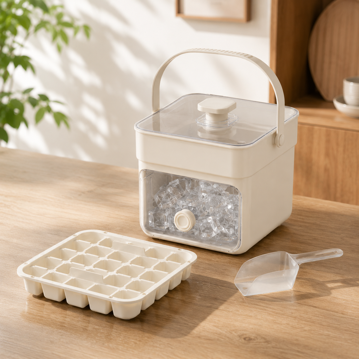 Eiswürfelbereiter mit Deckel und Aufbewahrungsbehälter für frische Eiswürfel zu Hause, in der Küche, für Getränke, Cocktails und Partys | Sansoti