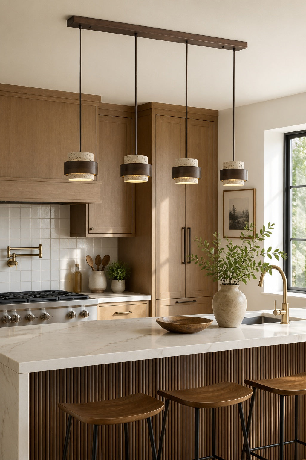 Suspension en bois avec finition travertin – Source lumineuse organique pour salle à manger et salon | Sansoti