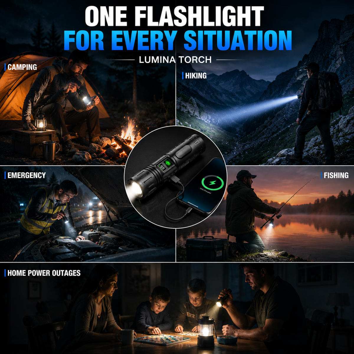 Tactical Flashlight with Rechargeable 5000mAh Battery - Powerful 100000 Lumen LED - Waterproof & Shockproof - With LCD Battery Indicator & Power Bank Function | Sansoti