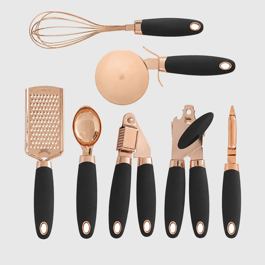7-teiliges Küchenutensilien-Set mit weichen Griffen, roségoldene Ausführung, komplettes Küchen- und Kochutensilien-Set, Pfannenwender | Sansoti