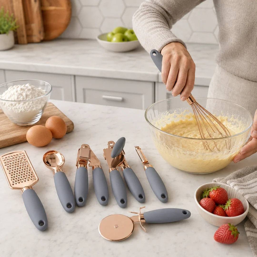 7-teiliges Küchenutensilien-Set mit weichen Griffen, roségoldene Ausführung, komplettes Küchen- und Kochutensilien-Set, Pfannenwender | Sansoti