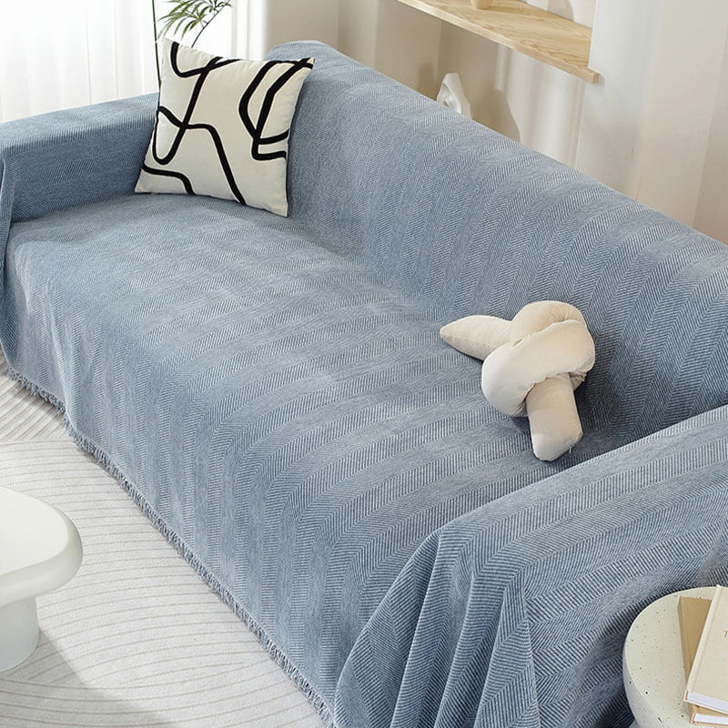 Chenille Sofa Blanket with Fringe, Herringbone Pattern, Furniture Protector, Warm Textile, Living Room Décor | Sansoti