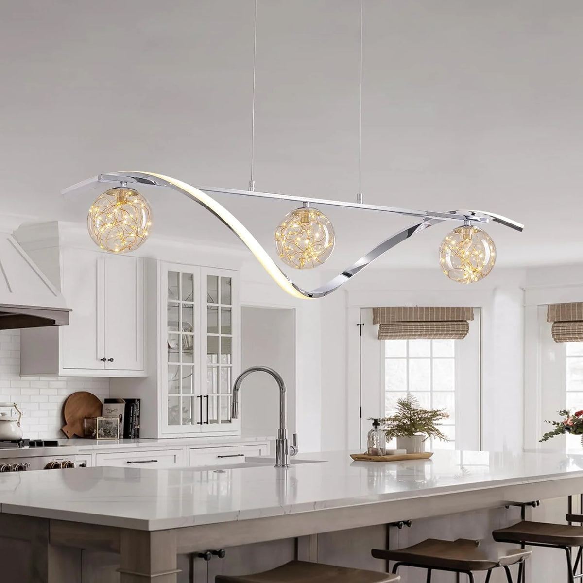Lampa wisząca liniowa, szklane kule, taśma LED, złoto i chrom, 100 cm, jadalnia, wyspa kuchenna, nowoczesna | Sansoti