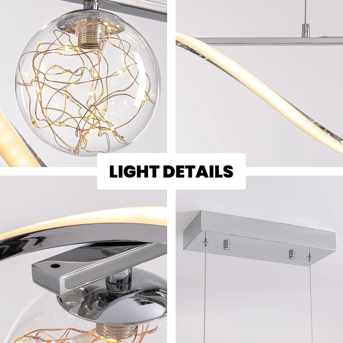 Lampa wisząca liniowa, szklane kule, taśma LED, złoto i chrom, 100 cm, jadalnia, wyspa kuchenna, nowoczesna | Sansoti