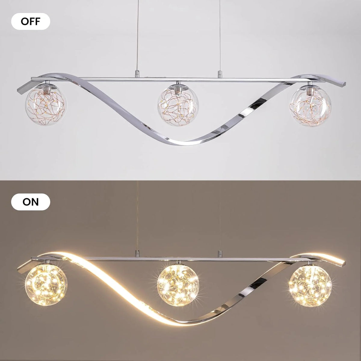 Lampa wisząca liniowa, szklane kule, taśma LED, złoto i chrom, 100 cm, jadalnia, wyspa kuchenna, nowoczesna | Sansoti