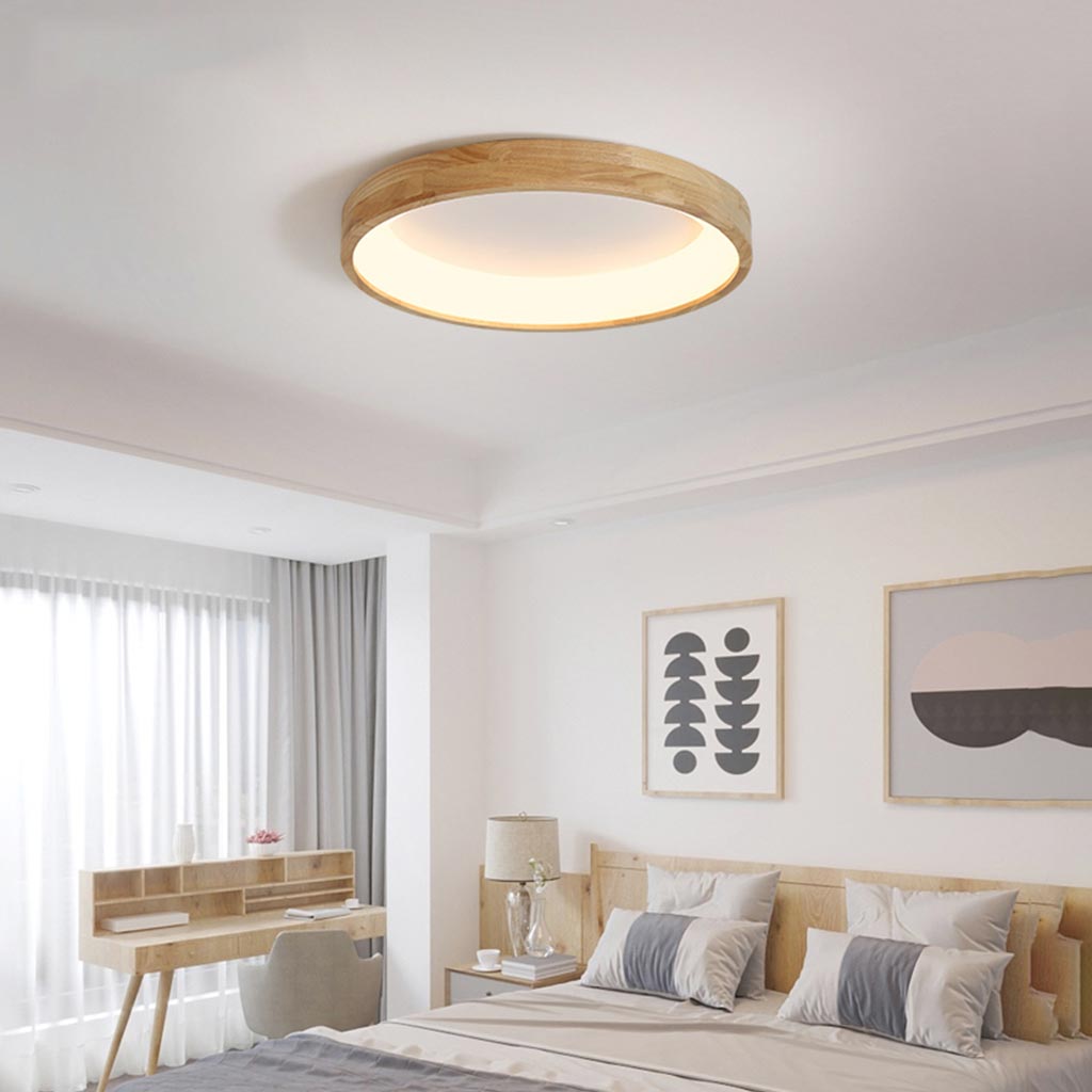Ronde Houten Plafondlamp Natuurtint LED Dimbaar met Afstandsbediening Scandinavisch Design voor Woonkamer | Sansoti