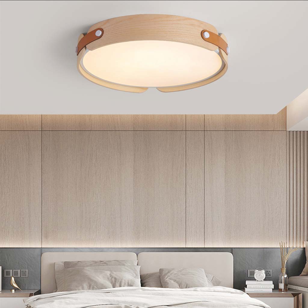 Runde Deckenleuchte aus Holz und Leder, dimmbare LED-Beleuchtung mit Fernbedienung, drei Farben, modernes Design | Sansoti