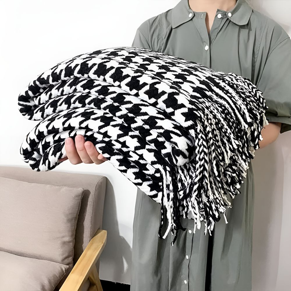 Geruit Plaid Pied-de-Poule Zwart-Wit Tassel Woonplaid Acrylwol Bank Decoratief 130x180 Zacht Warm Interieur | Sansoti
