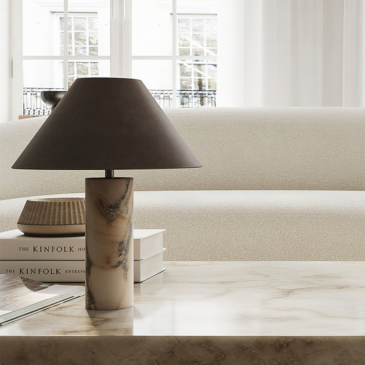 Marble Table Lamp with Black Fabric Shade — Natural Stone Base White Marble Textile Shade — Decorative Lighting for Bedroom Living Room Desk Nightstand | Sansoti