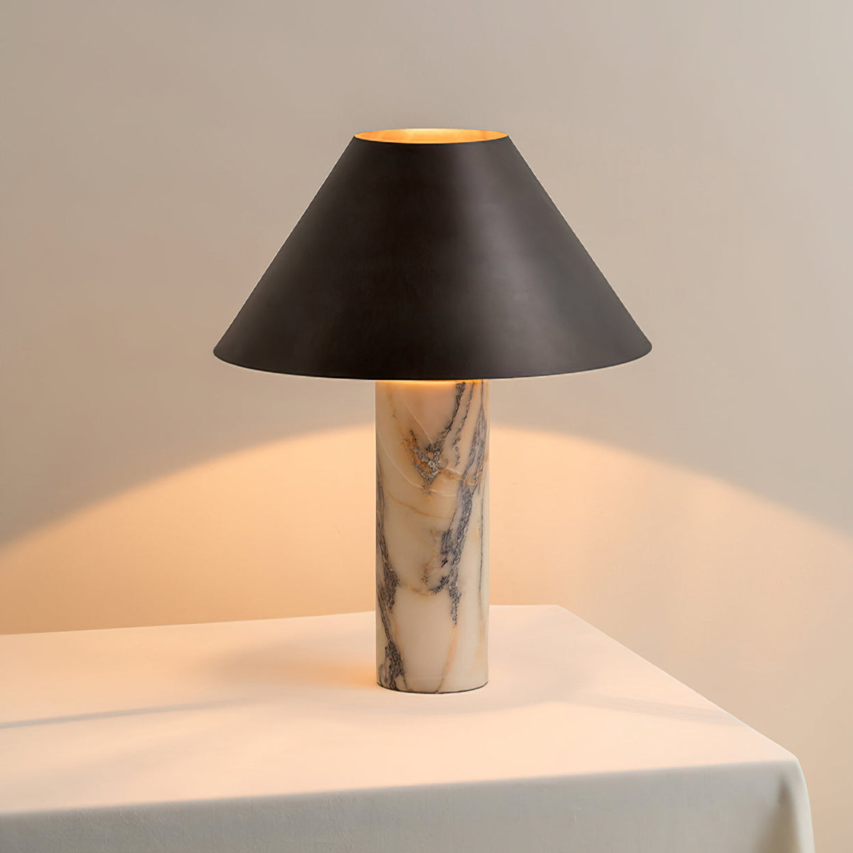 Marble Table Lamp with Black Fabric Shade — Natural Stone Base White Marble Textile Shade — Decorative Lighting for Bedroom Living Room Desk Nightstand | Sansoti