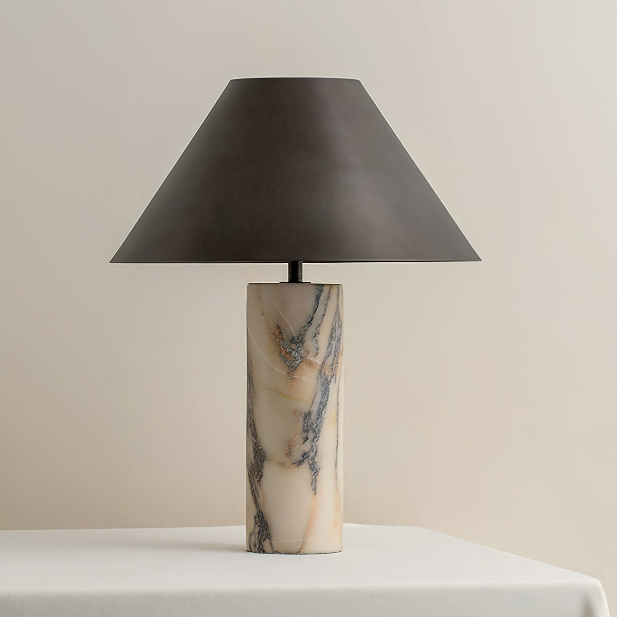Marble Table Lamp with Black Fabric Shade — Natural Stone Base White Marble Textile Shade — Decorative Lighting for Bedroom Living Room Desk Nightstand | Sansoti