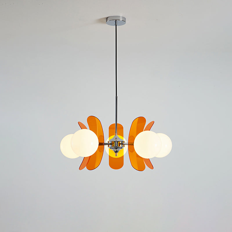 Moderner Sputnik-Kronleuchter mit farbigen Acrylelementen und weißen Glaskugeln – Design-Hängeleuchte mit mehreren Lichtpunkten | Sansoti