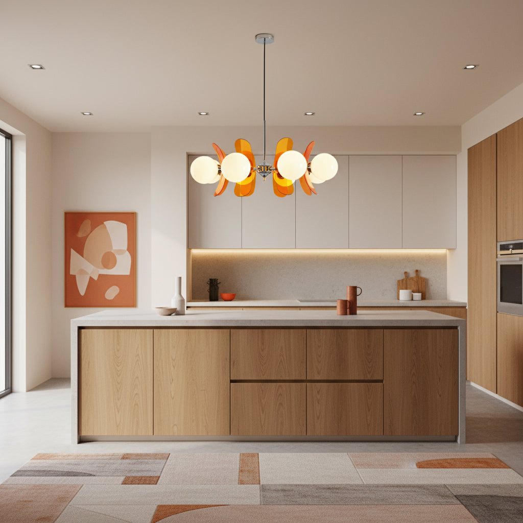 Moderner Sputnik-Kronleuchter mit farbigen Acrylelementen und weißen Glaskugeln – Design-Hängeleuchte mit mehreren Lichtpunkten | Sansoti