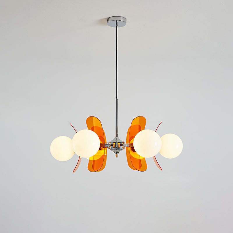 Moderner Sputnik-Kronleuchter mit farbigen Acrylelementen und weißen Glaskugeln – Design-Hängeleuchte mit mehreren Lichtpunkten | Sansoti