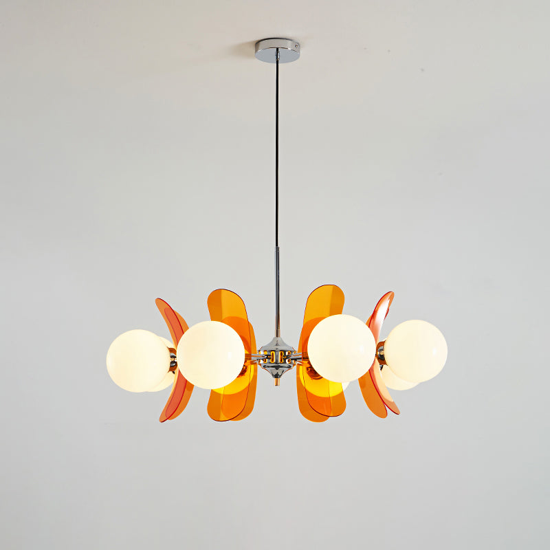 Moderner Sputnik-Kronleuchter mit farbigen Acrylelementen und weißen Glaskugeln – Design-Hängeleuchte mit mehreren Lichtpunkten | Sansoti