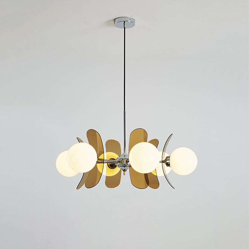 Moderner Sputnik-Kronleuchter mit farbigen Acrylelementen und weißen Glaskugeln – Design-Hängeleuchte mit mehreren Lichtpunkten | Sansoti