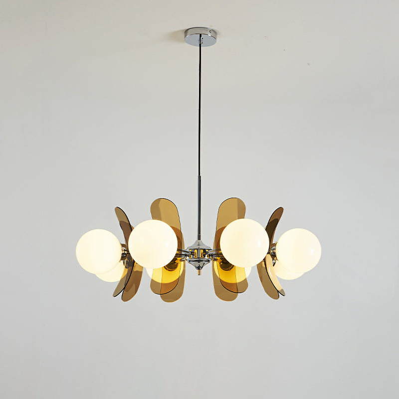 Moderner Sputnik-Kronleuchter mit farbigen Acrylelementen und weißen Glaskugeln – Design-Hängeleuchte mit mehreren Lichtpunkten | Sansoti