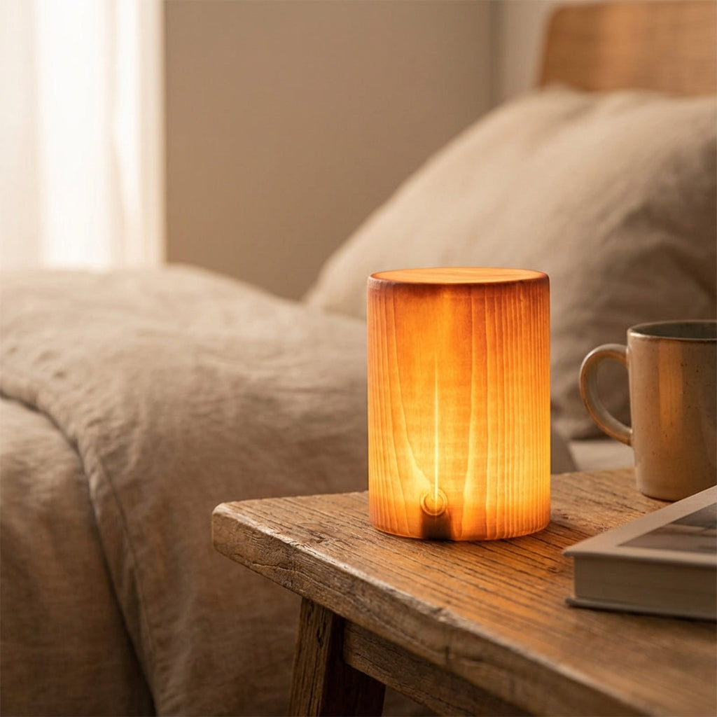 Table Lamp Wood Look Cylinder LED Rechargeable Touch Dimmable Wireless Nightstand Lamp Desk Lamp Ambient Lighting Natural | Sansoti