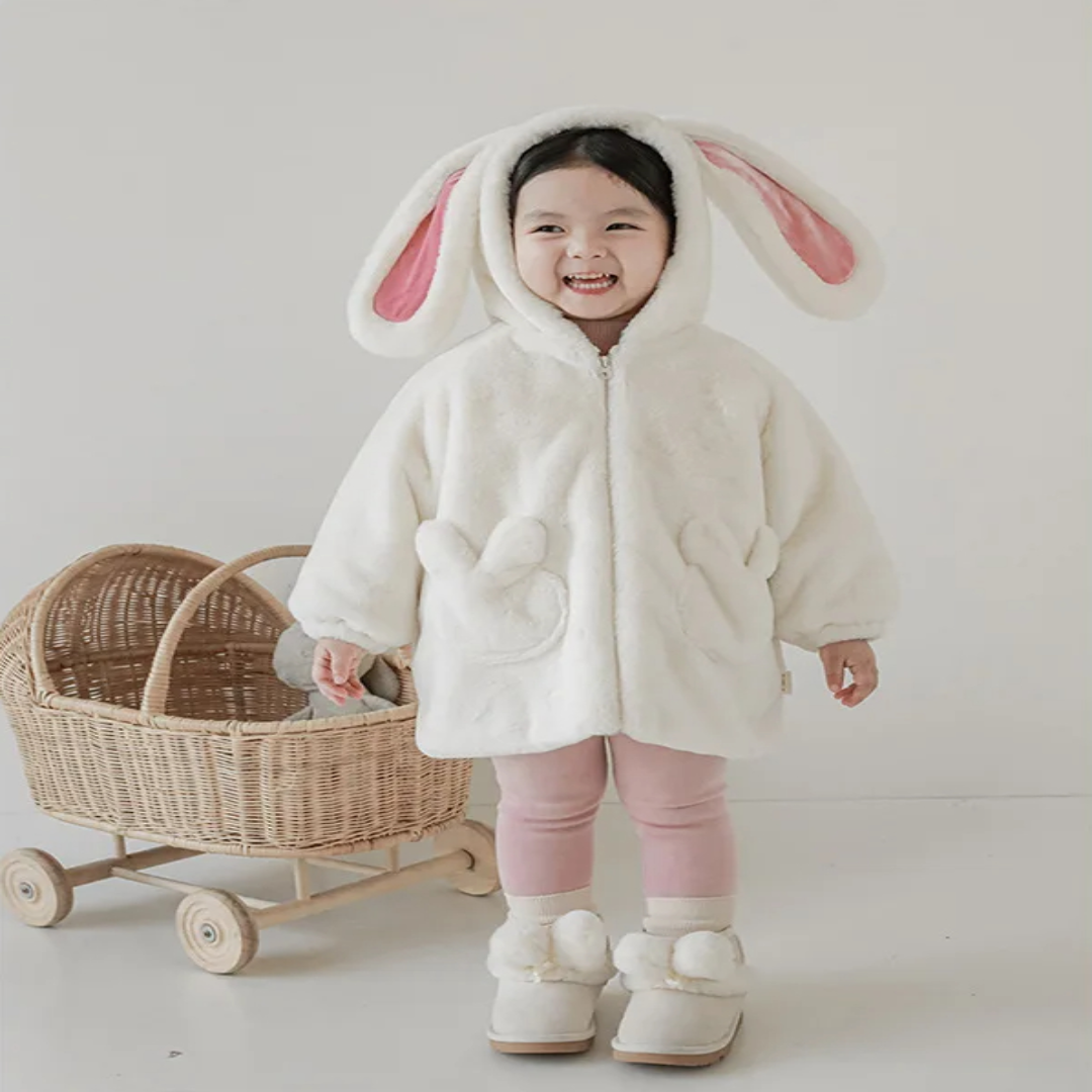 Winterjas Kind Pluche Capuchon Konijnenoren Zachte Voering Winterkleding Warm Comfortabel Meisje Jongen | Sansoti