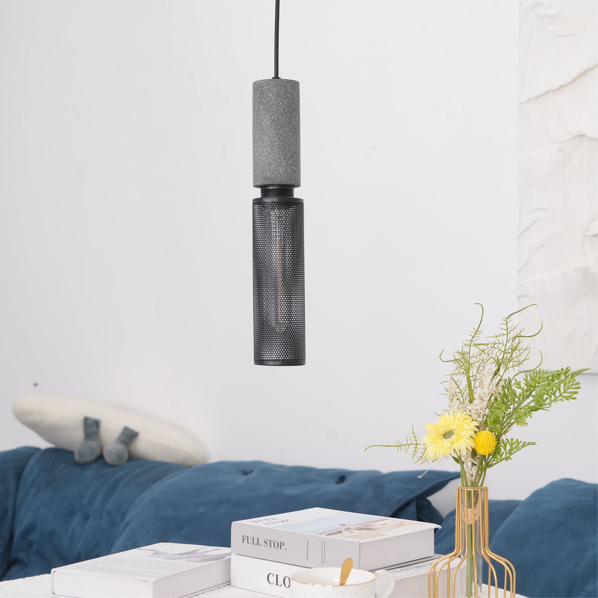 Lámpara colgante de hormigón, industrial, cilíndrica, de metal, negra y gris, E27 | Sansoti